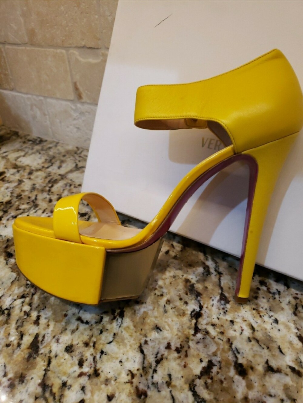 Versace Yellow Patent Platform Ankle-Strap Heels - Picture 6 of 12
